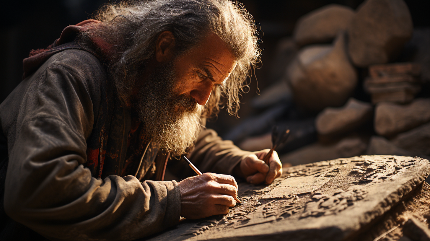 image of a caveman chiseling on a stone tablet