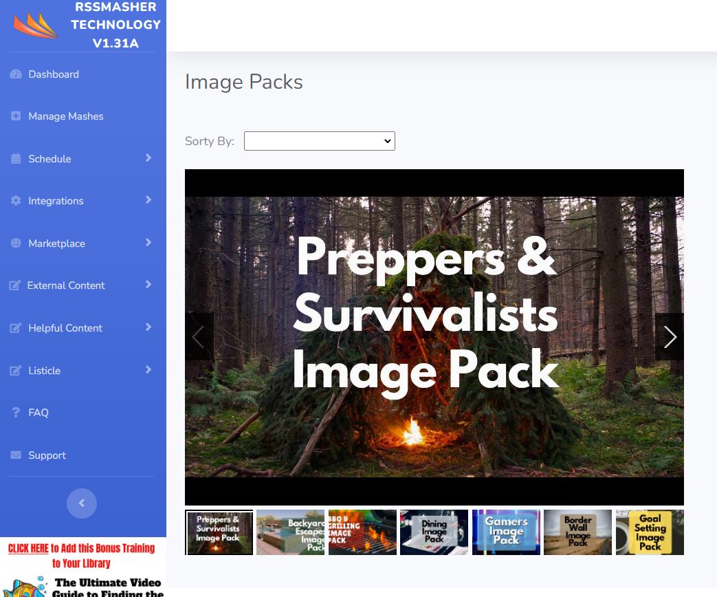 image of the image packs feature in the RSSMasher dashboard