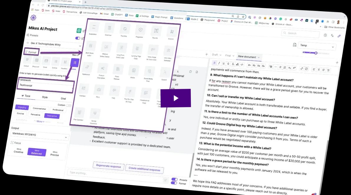 Image shows the different types of content that can be created with Groove.ai