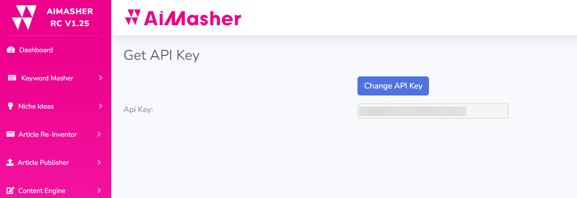Image of how to generate a n API key in AiMasher for use in RSSMasher