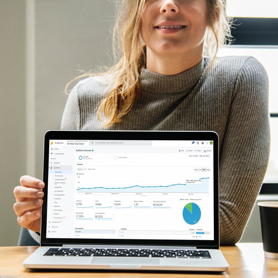 Image of woman showing increasing website traffic on a laptop screen